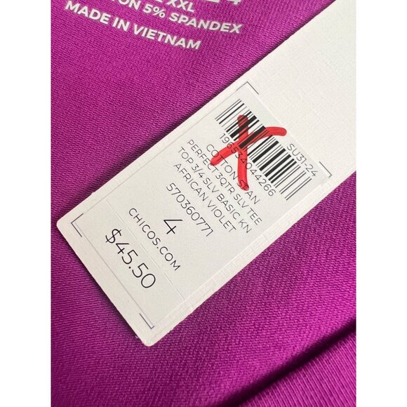 Chico's Perfect 3/4 Sleeve Tee Top V-neck size 4 XXL African Violet - Picture 3 of 4